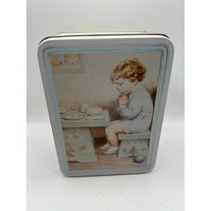 Vintage Metal Tin Box "Thank You God" Boy Praying Collectible Tin